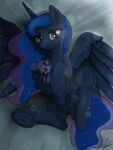  absurd_res blue_body blue_eyes blue_feathers blue_hair blue_hooves blue_tail blush equid equine eyelashes feathered_wings feathers flaremoon friendship_is_magic hair hasbro hi_res holding_object hooves horn mammal my_little_pony plushie princess_luna_(mlp) smile spread_wings teddy_bear underhoof winged_unicorn wings 