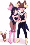  1girl absurdres animal_ears black_bow black_bowtie black_eyes black_hair black_leotard black_pants black_vest blush boots bow bowtie breasts brown_hairband brown_headwear brown_pantyhose buneary cleavage closed_mouth dawn_(pokemon) detached_collar fake_animal_ears fake_tail full_body hair_ornament hairband hairclip hand_on_another&#039;s_shoulder hat highres knee_boots leotard long_hair lucas_(pokemon) open_mouth pants pantyhose pink_footwear pink_scrunchie pokemon pokemon_(game) pokemon_dppt pokemon_ears sawarabi_(sawarabi725) scrunchie shadow shiny shiny_hair short_hair simple_background small_breasts standing strapless strapless_leotard sweatdrop tail vest white_background white_scrunchie wrist_scrunchie 