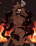  6_nipples anthro beth_(keeb) bovid breasts caprine caprine_demon dark_body dark_fur demon female fire fur goat hi_res horn keeb mammal multi_nipple nipples red_eyes sharp_teeth smile solo teeth tentacles yellow_sclera 