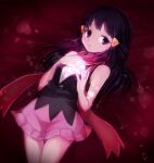  1girl bare_arms black_hair black_shirt dawn_(pokemon) from_below hair_ornament hairclip highres long_hair lying miniskirt on_back open_mouth pink_skirt pokemon pokemon_(game) pokemon_dppt purple_eyes red_scarf sawarabi_(sawarabi725) scarf shiny shiny_hair shiny_skin shirt signature skirt sleeveless sleeveless_shirt solo thigh_gap 