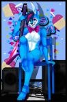  2016 animatronic anthro barefoot blue_body blue_eyes blue_fur bow_tie breasts buckteeth chair clothing crossgender electric_guitar eoki-san_(artist) eyeshadow featureless_breasts feet female five_nights_at_freddy&#039;s five_nights_at_freddy&#039;s_2 fur furniture green_eyes guitar hair hand_on_chair heart_(marking) heterochromia hi_res holding_guitar humanoid joints lagomorph leporid machine makeup mammal mohawk multicolored_body multicolored_fur multicolored_hair musical_instrument non-mammal_breasts on_chair open_mouth open_smile panties plucked_string_instrument rabbit raised_foot raised_tail robot scottgames sitting sitting_on_chair smile solo solo_focus speaker string_instrument teeth tongue toy_bonnie_(fnaf) two_tone_body two_tone_fur two_tone_hair underwear video_games white_body white_fur wire 