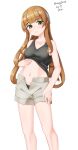  absurdres bangs black_panties black_tank_top blunt_bangs brown_hair brown_shorts clothes_lift collarbone feet_out_of_frame green_eyes headgear helena_(kancolle) highres kantai_collection lifted_by_self long_hair maru_(marg0613) navel one-hour_drawing_challenge open_fly panties shirt_lift shorts simple_background tank_top underwear white_background 
