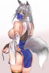 1girl ahoge animal_ear_fluff animal_ears ass back bangs bare_shoulders black_pantyhose black_thighhighs blue_eyes breasts collar commentary_request detached_sleeves earrings fox_ears fox_girl fox_tail from_behind grey_background grey_hair hair_ornament highres japanese_clothes jewelry large_breasts long_hair looking_at_viewer looking_back mask mouth_mask original panties pantyhose sawaya_(mizukazu) see-through see-through_sleeves simple_background solo standing tail thighhighs underwear wide_sleeves 