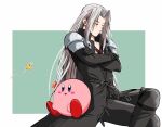  2boys armor bangs black_jacket black_pants blue_eyes blush border bug butterfly chest_strap closed_eyes crossed_arms crossed_legs feet_out_of_frame final_fantasy final_fantasy_vii full_body green_background grey_hair jacket kasenkasen5 kirby kirby_(series) long_bangs long_hair long_jacket long_sleeves male_focus multiple_boys open_mouth pants parted_bangs red_footwear sephiroth shoulder_armor sitting smile super_smash_bros. 