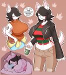  2019 absurd_res anthro big_breasts black_hair blue_eyes blush blush_stickers bottomwear breasts canid canine canis clothed clothing container cup denim denim_clothing dialogue domestic_dog ear_piercing english_text female fingers hair hair_over_eye hi_res holding_cup holding_object inner_ear_fluff jacket jeans looking_at_viewer maggie_applebee mammal midriff one_eye_obstructed pants pattern_background piercing short_hair simple_background solo speech_bubble sweater talking_to_viewer text theycallhimcake topwear torn_bottomwear torn_clothing torn_jeans torn_pants tuft 