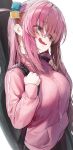  1girl absurdres blue_eyes blush bocchi_the_rock! breasts eyes_visible_through_hair gotou_hitori hair_between_eyes hair_ornament highres jacket large_breasts long_hair long_sleeves marse_(rokudaime) open_mouth pink_hair pink_jacket smile solo wavy_mouth 