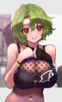  1girl :d alternate_costume alternate_hair_color antenna_hair black_gloves breasts c_(theta) cleavage fingerless_gloves gloves green_hair highres idolmaster idolmaster_million_live! large_breasts looking_at_viewer navel open_mouth red_eyes short_hair single_glove smile solo toyokawa_fuka upper_body 