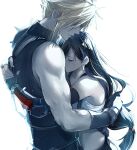  1boy 1girl absurdres armor arms_around_back bare_shoulders belt black_gloves black_hair black_skirt blonde_hair blue_shirt closed_eyes cloud_strife cowboy_shot crop_top earrings elbow_gloves elbow_pads final_fantasy final_fantasy_vii final_fantasy_vii_remake gloves hair_between_eyes hand_in_another&#039;s_hair highres hug jewelry long_hair looking_down low-tied_long_hair midriff shirt shoji_sakura short_hair shoulder_armor single_bare_shoulder skirt sleeveless sleeveless_turtleneck spiked_hair suspenders tifa_lockhart toned toned_male turtleneck white_background white_shirt 