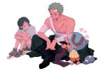  1girl 2boys antlers bandages bandaid bandaid_on_face bandaid_on_forehead blue_hair earrings female_child full_body ghost green_hair hat highres jewelry kuina looking_at_another multiple_boys one_piece roronoa_zoro scar scar_on_chest scar_on_face shirt short_hair shorts sitting smile sword tony_tony_chopper topless_male towne weapon white_background 