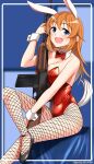  1girl absurdres black_footwear blue_eyes bow bowtie charlotte_e._yeager detached_collar dog_tail fishnet_pantyhose fishnets gun highres hiroshi_(hunter-of-kct) leotard long_hair orange_hair pantyhose playboy_bunny rabbit_tail red_bow red_bowtie red_leotard rifle smile solo strapless strapless_leotard strike_witches tail weapon weapon_request world_witches_series wrist_cuffs 