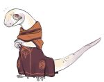  2015 albino anthro arian_(coc) auburn_eyes clothed clothing corruption_of_champions digital_drawing_(artwork) digital_media_(artwork) fingers full-length_portrait lizard long_tail male orange_scarf pentagram portrait reptile robe scales scalie scarf simple_background solo standing starrberry white_body white_scales 
