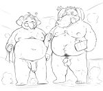  2022 96panda anthro belly big_belly blush duo elephant elephantid genitals hi_res kemono male mammal moobs navel nipples overweight overweight_male penis penis_size_difference proboscidean question_mark small_penis surprise towel 