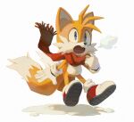  1boy :o blue_eyes bluekomadori commentary english_commentary fox_boy full_body furry furry_male gloves male_focus multiple_tails open_mouth red_scarf scarf shoes solo sonic_(series) surprised tail tails_(sonic) two_tails white_gloves 