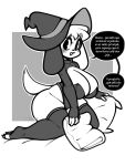  black_and_white breasts canid canine canis clothing doki_(character) doki_adventures domestic_dog female halloween_costume hat headgear headwear hi_res looking_at_viewer magic_user maiky_atk mammal monochrome pillow solo spanish_text text thick_thighs translation_request witch witch_hat 