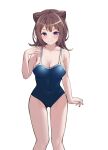  1girl absurdres arm_at_side armpit_crease bang_dream! bangs bare_arms bare_shoulders blue_one-piece_swimsuit blush breasts brown_hair cleavage closed_mouth collarbone commentary_request cone_hair_bun covered_navel double_bun feet_out_of_frame hair_bun hair_ornament hand_up highres large_breasts looking_at_viewer medium_hair ptal purple_eyes school_swimsuit simple_background solo standing star_(symbol) star_hair_ornament swimsuit toyama_kasumi v-shaped_eyebrows white_background 
