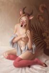  2019 anthro antlers artist_name brown_antlers brown_hair cervid clothing eyes_closed facial_spots female full-length_portrait fur hair hi_res himeragoldtail hooves horn legwear long_hair mammal mouth_closed navel pinup portrait pose red_clothing red_legwear simple_background solo spotted_face tan_body tan_breasts tan_fur three-quarter_view topwear white_clothing white_topwear 