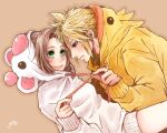  1boy 1girl aerith_gainsborough animal_hood artist_name baggy_clothes bangs blonde_hair blue_eyes blush breasts brown_background brown_hair chocobo cloud_strife dated earrings final_fantasy final_fantasy_vii final_fantasy_vii_remake green_eyes hair_between_eyes hair_pulled_back highres hood hood_down hood_up hoodie jewelry leaning_forward long_hair long_sleeves looking_at_another medium_breasts moogle no_pants parted_bangs short_hair sidelocks single_earring smile spiked_hair string_pull white_hoodie yco_030601 yellow_hoodie 