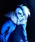  2016 animated_skeleton black_clothing black_shirt black_topwear blue_clothing blue_eyes blue_jacket blue_topwear bone clothing eoki-san_(artist) glowing glowing_eyes hair hollow_eyes humanoid jacket looking_at_viewer male mohawk not_furry sans_(undertale) shirt signature skeleton smile solo solo_focus teeth topwear undead undertale undertale_(series) video_games 