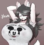  2019 anthro big_breasts black_hair blush blush_stickers breasts canid canine canis clothed clothing disney domestic_dog ear_piercing eyes_closed fangs female hair hair_over_eye hands_behind_head hi_res inner_ear_fluff long_hair maggie_applebee mammal mickey_mouse one_eye_obstructed open_mouth piercing shirt simple_background solo text text_on_clothing text_on_shirt text_on_topwear theycallhimcake topwear tuft yawn 