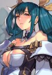  1girl angel_wings bangs bare_shoulders belt blue_hair breasts choker cleavage closed_mouth clothing_cutout collarbone detached_collar detached_sleeves dizzy_(guilty_gear) guilty_gear guilty_gear_xrd hair_between_eyes hair_ribbon hair_rings hungry_clicker large_breasts long_hair looking_afar mature_female red_eyes ribbon shaded_face sidelocks solo twintails upper_body wings yellow_ribbon 