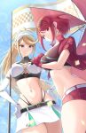  2girls alternate_costume bangs blonde_hair booth_babe breasts checkered_flag flag highres large_breasts long_hair multiple_girls mythra_(xenoblade) okazu2010015 parasol pyra_(xenoblade) race_queen red_eyes red_hair short_hair swept_bangs umbrella very_long_hair xenoblade_chronicles_(series) xenoblade_chronicles_2 yellow_eyes 