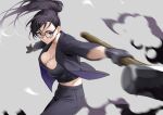  1girl absurdres black-framed_eyewear black_gloves black_hair black_jacket black_pants black_shirt breasts closed_mouth collarbone fighting glasses gloves hammer highres holding holding_hammer jacket large_breasts long_hair midriff_peek minakata_hizuru motion_blur outstretched_arms pants purple_eyes running shirt simple_background sledgehammer solo splatter summertime_render swinging yoshio_(55level) 