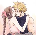  1boy 1girl aerith_gainsborough ancotsubu bandaged_arm bandages bangs bare_arms bare_shoulders blonde_hair blue_shirt blush braid braided_ponytail brown_hair choker closed_eyes cloud_strife dress earrings final_fantasy final_fantasy_vii final_fantasy_vii_remake hair_ribbon hand_on_another&#039;s_hip hand_on_another&#039;s_shoulder highres imminent_kiss jewelry long_hair looking_at_another parted_bangs parted_lips pink_dress pink_ribbon ribbon ribbon_choker shirt short_hair sidelocks single_earring sleeveless sleeveless_dress sleeveless_turtleneck smile spiked_hair sweatdrop toned toned_male turtleneck upper_body 