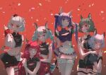  6+girls ajimita animal_ears bangs blue_hair blunt_bangs bow breasts cat_ears cat_girl cat_tail chino_(valis) cleavage confetti everyone frills green_eyes green_hair grey_eyes grey_hair hair_bow long_hair looking_at_viewer medium_breasts multiple_girls myu_(valis) navel neffy_(valis) nina_(valis) official_art puffy_short_sleeves puffy_sleeves rara_(valis) red_background red_eyes red_hair shinsekai_keikaku_sinsekai_city_project short_hair short_sleeves skirt tail valis_(sinsekai) virtual_youtuber vitte_(valis) yellow_eyes 