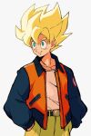  1boy belt black_belt collarbone cowboy_shot dragon_ball dragon_ball_z green_eyes green_pants grey_background hair_behind_ear jacket komesan_0212 letterman_jacket looking_to_the_side male_focus orange_jacket pants pectoral_cleavage pectorals shirt shirt_tucked_in solo son_goku super_saiyan super_saiyan_1 white_shirt 