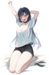  1girl absurdres arms_up bare_legs barefoot black_shorts blue_hair breasts choker dark_blue_hair dolphin_shorts earrings fangs highres jewelry large_breasts long_hair looking_at_viewer loose_clothes loose_shirt midriff_peek multicolored_hair one_eye_closed open_mouth orange_eyes original seiza shirt shirt_overhang short_shorts short_sleeves shorts simple_background sitting solo streaked_hair stretching sugar_(dndi888) waking_up white_background white_shirt yawning yellow_eyes 
