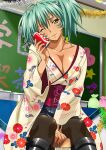  1girl ;) alternate_costume aqua_hair bangs between_legs black_footwear black_skirt black_thighhighs boots breasts can chalkboard classroom cleavage closed_mouth collarbone floral_print green_eyes hair_between_eyes hand_between_legs holding holding_can ikkitousen indoors japanese_clothes kimono knee_boots large_breasts long_hair long_sleeves miniskirt one_eye_closed pleated_skirt print_kimono ryofu_housen shiny shiny_hair sitting skirt smile solo thighhighs twintails underbust white_kimono wide_sleeves zettai_ryouiki 