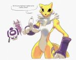  ambiguous_gender anthro armwear bandai_namco black_sclera breasts bridal_gauntlets card clothing digimon digimon_(species) english_text featureless_crotch hi_res multicolored_body neck_tuft nondelismell nude open_mouth purple_eyes question_mark renamon solo speech_bubble text tuft two_tone_body 
