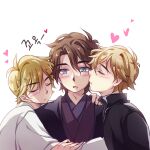  3boys anakin_skywalker animification blonde_hair blush closed_eyes closed_mouth dual_persona father_and_son hair_between_eyes heart incest jju_(nile12634) luke_skywalker multiple_boys simple_background star_wars star_wars:_a_new_hope star_wars:_return_of_the_jedi star_wars:_revenge_of_the_sith time_paradox translation_request white_background yaoi 
