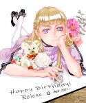  1girl 2021 ankle_bow bangs black_footwear blonde_hair blue_eyes bow character_name closed_mouth dated dress earrings flower gundam gundam_wing happy_birthday head_rest jewelry kajikaono legs_up long_hair looking_at_viewer lying on_stomach pantyhose pink_flower purple_dress purple_sweater relena_peacecraft rose shiny shiny_hair smile solo striped striped_bow stuffed_animal stuffed_toy sweater sweater_dress teddy_bear the_pose white_flower white_pantyhose white_rose 