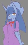  anthro ather_os blue_body blue_hair bow_ribbon ceratopsian clothed clothing dinosaur female hair half-closed_eyes horn long_hair looking_at_viewer narrowed_eyes orange_eyes ornithischian reptile scalie simple_background snoot_game_(fan_game) solo tiffany_(snootgame) triceratops video_games 
