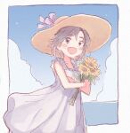  1girl black_hair blush cloud dress flower grey_eyes hat highres holding holding_flower idolmaster idolmaster_million_live! kikuchi_makoto ocean open_mouth outdoors sato_(user_achu7542) short_hair sky smile solo straw_hat sunflower white_dress 