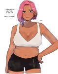  1girl black_shorts blue_eyes breasts cleavage collarbone cropped_legs dark-skinned_female dark_skin english_text gradient_hair hand_on_hip large_breasts looking_at_viewer muffin_top multicolored_hair ohasi original pink_hair plump purple_hair shiny shiny_skin short_shorts shorts skindentation solo sports_bra sweat white_background white_sports_bra 