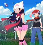  1boy 1girl arm_up arms_behind_back bare_arms black_hair black_shirt black_socks black_vest blue_eyes blue_pants blue_sky boots breasts closed_mouth cloud dawn_(pokemon) day drifloon floating_hair hand_on_headwear hat highres knee_boots long_hair looking_down lucas_(pokemon) miniskirt mountainous_horizon open_mouth outdoors panties pants pantyshot pink_footwear pink_skirt poke_ball_print pokemon pokemon_(game) pokemon_dppt print_headwear red_headwear sawarabi_(sawarabi725) shiny shiny_hair shiny_skin shirt short_hair short_sleeves skirt sky sleeveless sleeveless_shirt small_breasts socks sweatdrop thigh_gap twitter_username underwear vest white_headwear white_panties white_sleeves wind_turbine 