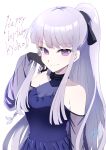  1girl bangs bare_shoulders black_gloves braid breasts character_name danganronpa:_trigger_happy_havoc danganronpa_(series) danganronpa_10th_anniversary_costume dress gloves hand_up happy_birthday highres kirigiri_kyouko large_breasts long_hair looking_at_viewer official_alternate_costume pink_eyes ponytail purple_dress see-through see-through_sleeves shiny shiny_hair signature simple_background smile solo tsunemi_aosa upper_body white_background 
