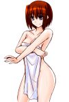  1girl bangs bare_arms blue_eyes breasts brown_hair cleavage closed_mouth collarbone covering cowboy_shot engo_(aquawatery) hair_between_eyes lyrical_nanoha mahou_shoujo_lyrical_nanoha_strikers medium_breasts medium_hair naked_towel nude_cover shiny shiny_hair side_ponytail simple_background sketch smile solo standing towel white_background yagami_hayate 