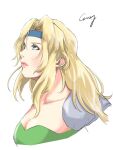  1girl armor bangs blonde_hair blue_eyes breasts celes_chere cleavage crazy02oekaki final_fantasy final_fantasy_vi green_leotard headband leotard lips long_hair parted_bangs square_enix strapless strapless_leotard 