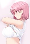  1girl bare_arms bare_shoulders bra breasts clothes_lift commentary expressionless from_side highres large_breasts nori_tamago pink_hair profile red_eyes saigyouji_yuyuko shirt shirt_lift short_hair simple_background sleeveless sleeveless_shirt solo touhou underwear undressing upper_body white_bra white_shirt 
