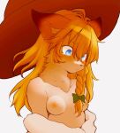  1girl animal_ears blonde_hair blue_eyes blush braid breasts cat_ears furry furry_female hat hawthorn kirisame_marisa long_hair nipples open_mouth shiny shiny_hair simple_background small_breasts solo touhou upper_body whiskers white_background witch witch_hat 