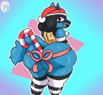  anthro batesbaits big_butt blue_body butt candy candy_cane canid canine christmas christmas_clothing christmas_headwear clothing dessert food fur generation_4_pokemon hat headgear headwear hi_res holidays juki_zu lingerie lucario male mammal nintendo pokemon pokemon_(species) santa_hat solo video_games wear 