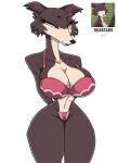  anthro beastars big_breasts blue_eyes bra breasts brown_body canid canine canis clothing female hands_behind_back hi_res juno_(beastars) looking_at_viewer mammal multicolored_body panties pink_bra pink_clothing pink_ears pink_panties pink_underwear rentressy simple_background smile solo thick_thighs underwear wolf 
