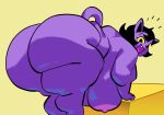  anthro areola bent_over big_breasts big_butt black_hair breasts butt catty_(undertale) domestic_cat fangs felid feline felis female flabby_arms hair hanging_breasts happy hi_res huge_breasts huge_butt huge_thighs leaning_on_object looking_at_viewer looking_back looking_back_at_viewer love_handles mammal nipples nondelismell nude obese obese_anthro obese_female open_mouth open_smile overweight overweight_anthro overweight_female rear_view simple_background smile solo thick_thighs three-quarter_view undertale undertale_(series) video_games yellow_sclera 