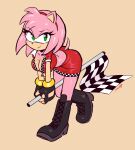  absurd_res accessory amy_rose anthro boots bottomwear breasts cleavage clothed clothing crop_top dress eulipotyphlan female flag_(object) footwear fur gloves green_eyes handwear headband hedgehog hi_res jamoart mammal pink_body pink_fur sega shirt skirt solo sonic_the_hedgehog_(series) topwear 