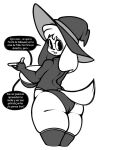  black_and_white breasts canid canine canis clothing dialogue doki_(character) doki_adventures domestic_dog female halloween_costume hat headgear headwear hi_res looking_at_viewer looking_back magic_user maiky_atk mammal monochrome solo spanish_text text thick_thighs translation_request witch witch_hat 