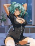  1girl alternate_costume aqua_hair arms_up bangs black_footwear black_shirt boots breasts cleavage collared_shirt dress_shirt green_eyes hair_between_eyes head_tilt ikkitousen indoors infirmary knee_boots large_breasts long_hair open_mouth ryofu_housen shiny shiny_hair shirt short_sleeves solo stethoscope thighhighs twintails white_thighhighs wing_collar 
