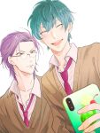  2boys aqua_hair blush brown_eyes brown_sweater_vest glasses hair_between_eyes highres holding holding_phone hypnosis_mic male_focus multiple_boys necktie nurude_sasara phone purple_hair red_necktie school_uniform short_hair sweater_vest tsutsujimori_roshou upper_body white_background zattacafe 